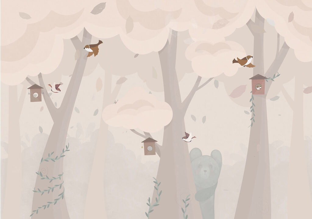 Aves entre troncos pastel — design completo