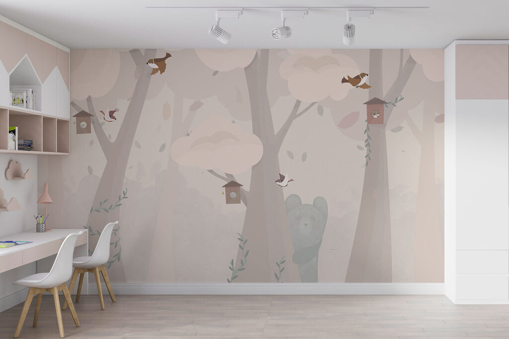 Aves entre troncos pastel — interior 1