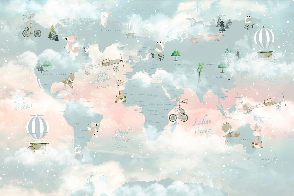 Mapa-múndi entre nuvens — design completo