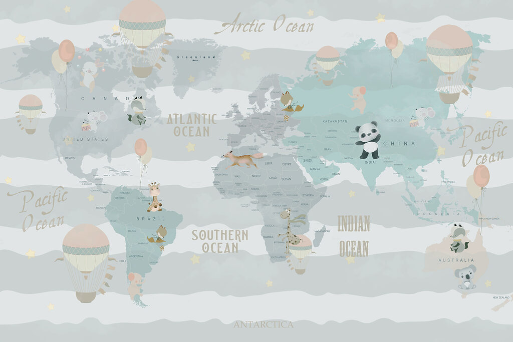 Mapa-múndi em faixas pastel — design completo