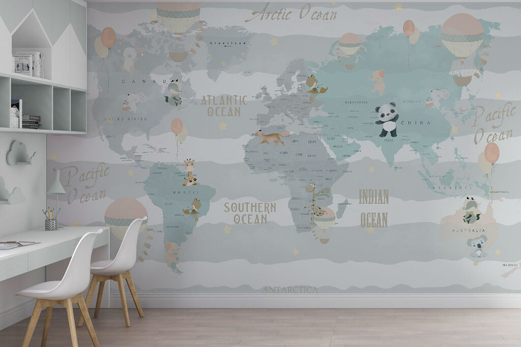 Mapa-múndi em faixas pastel — interior 1