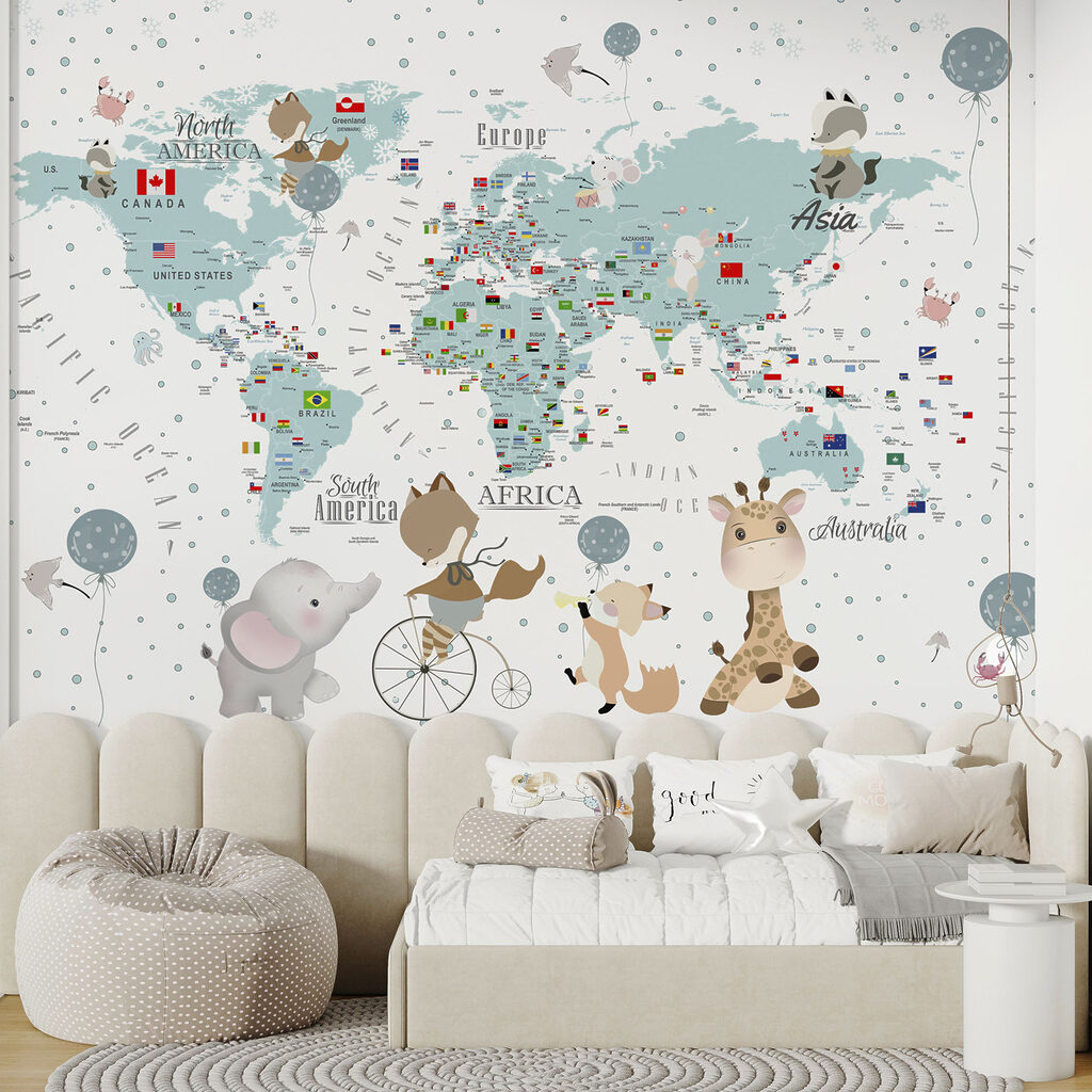 Mapa-múndi com amigos viajantes num interior