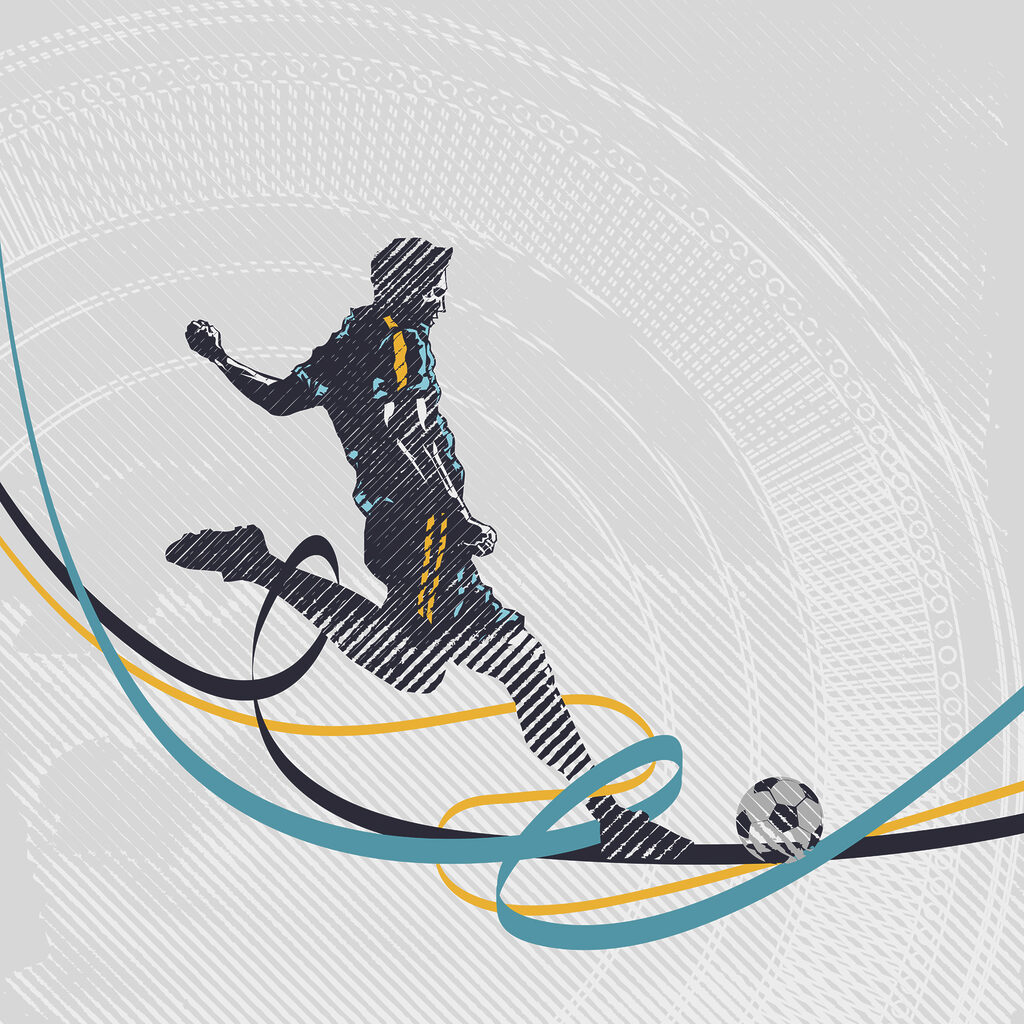 Futebol entre faixas coloridas — design completo