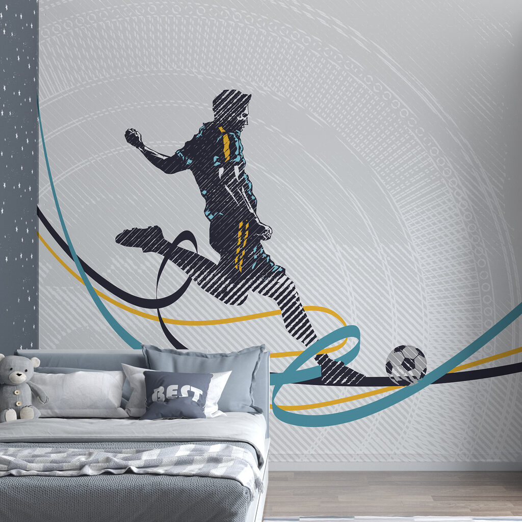 Futebol entre faixas coloridas num interior
