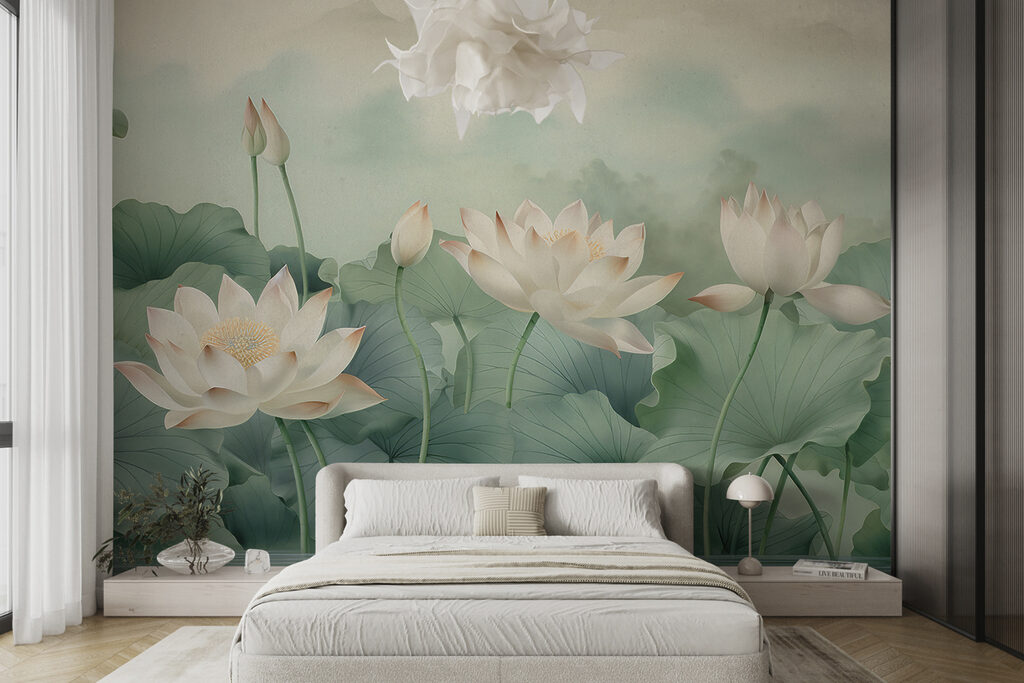 Lótus creme sobre folhas — interior 1
