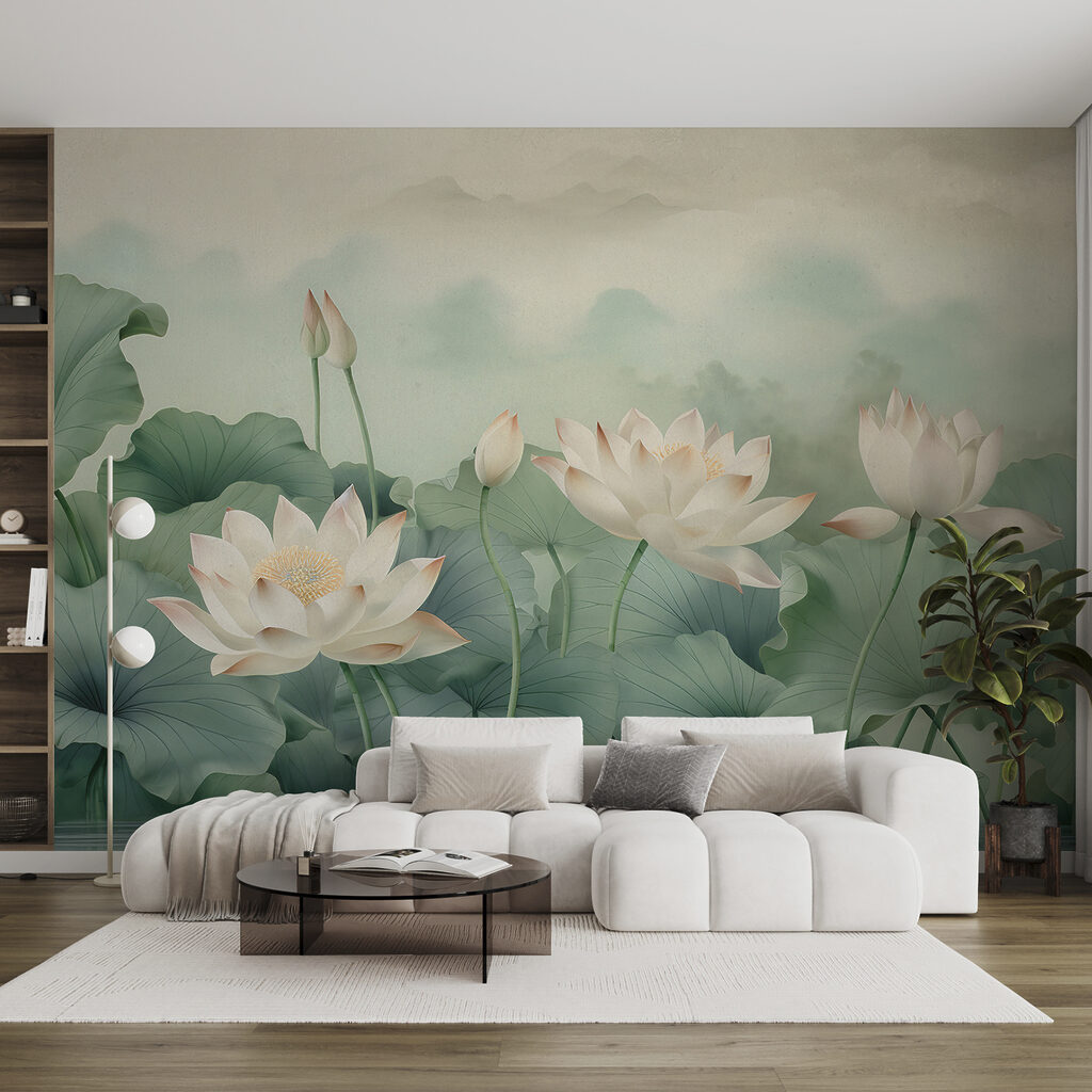 Lótus creme sobre folhas — interior 2