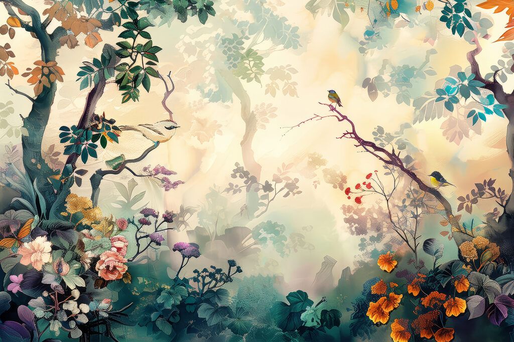 Aves num bosque encantado — design completo