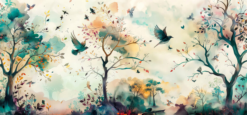 Aves num bosque aguarela — design completo