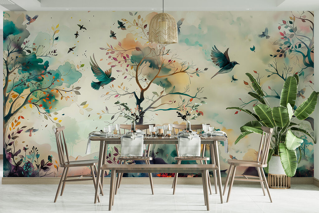 Aves num bosque aguarela — interior 2