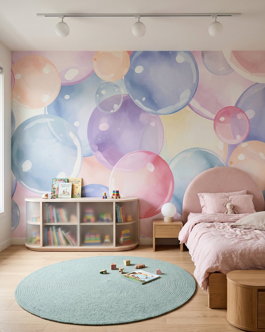 Bolhas em tons pastel num interior
