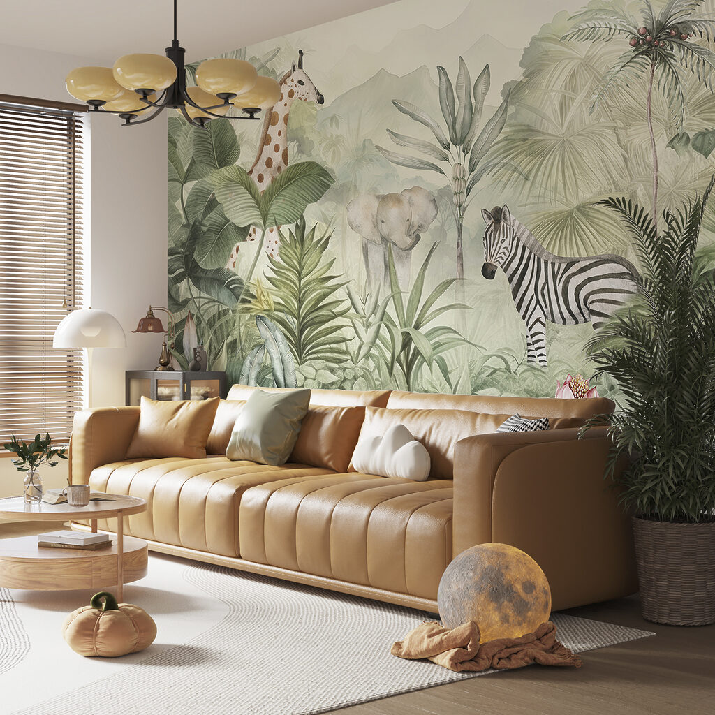Zebra entre folhagem tropical num interior