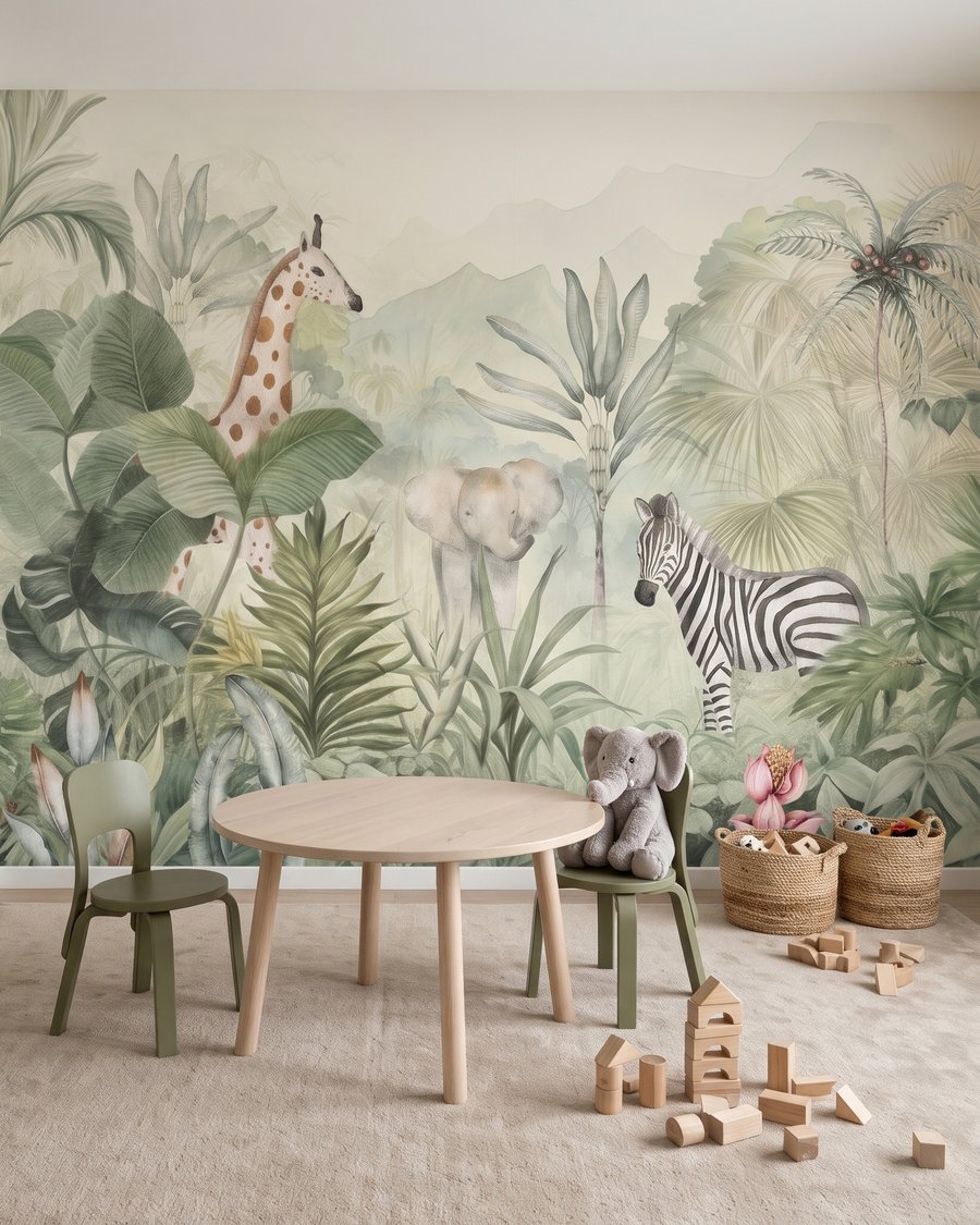 Zebra entre folhagem tropical num interior