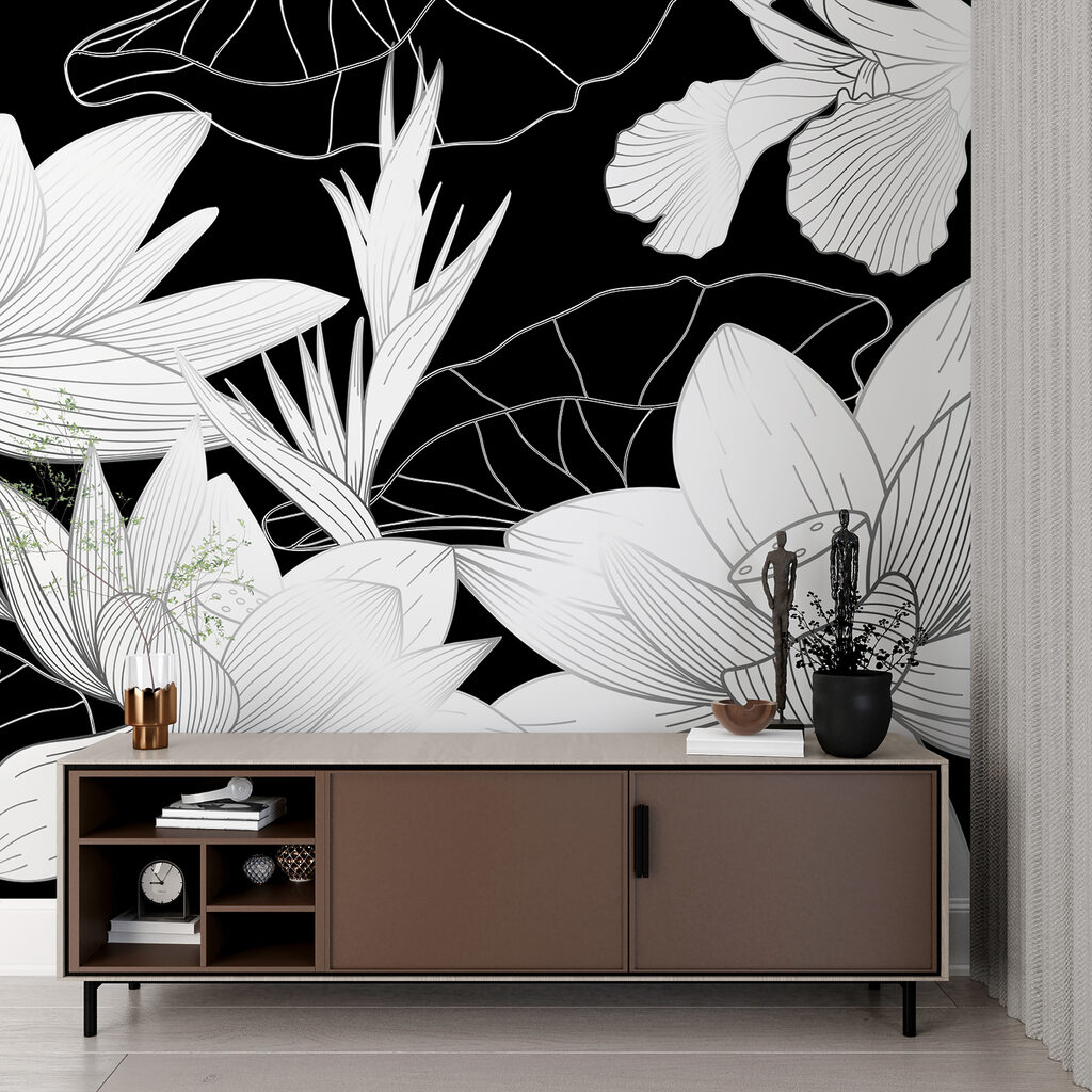 Flores brancas e folhagem num interior