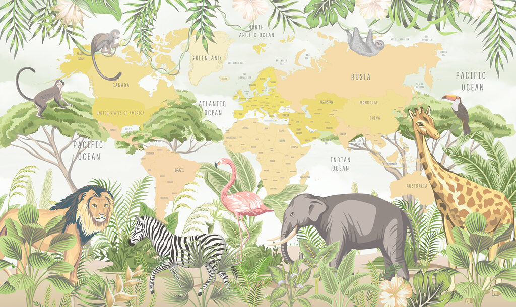 Animais e mapa-múndi — design completo
