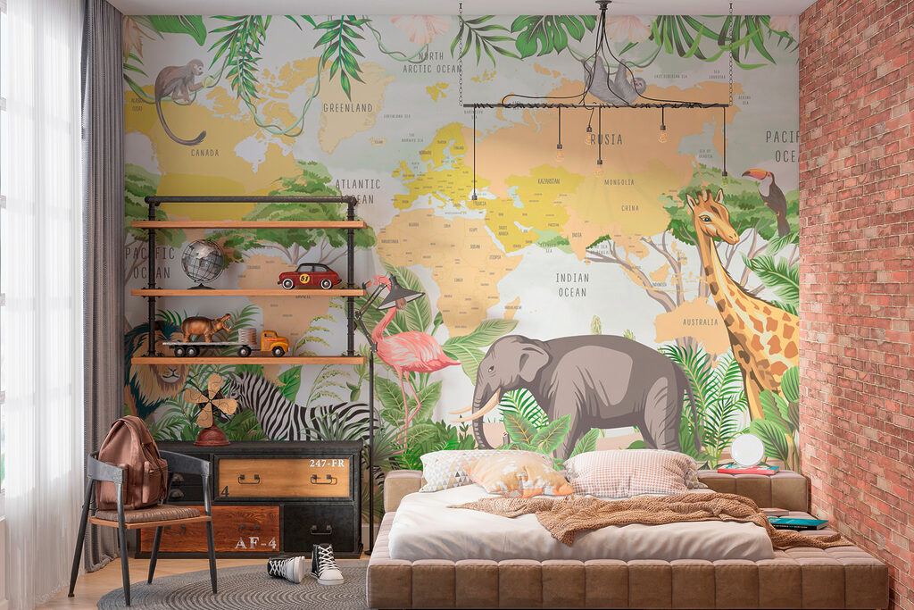 Animais e mapa-múndi num interior