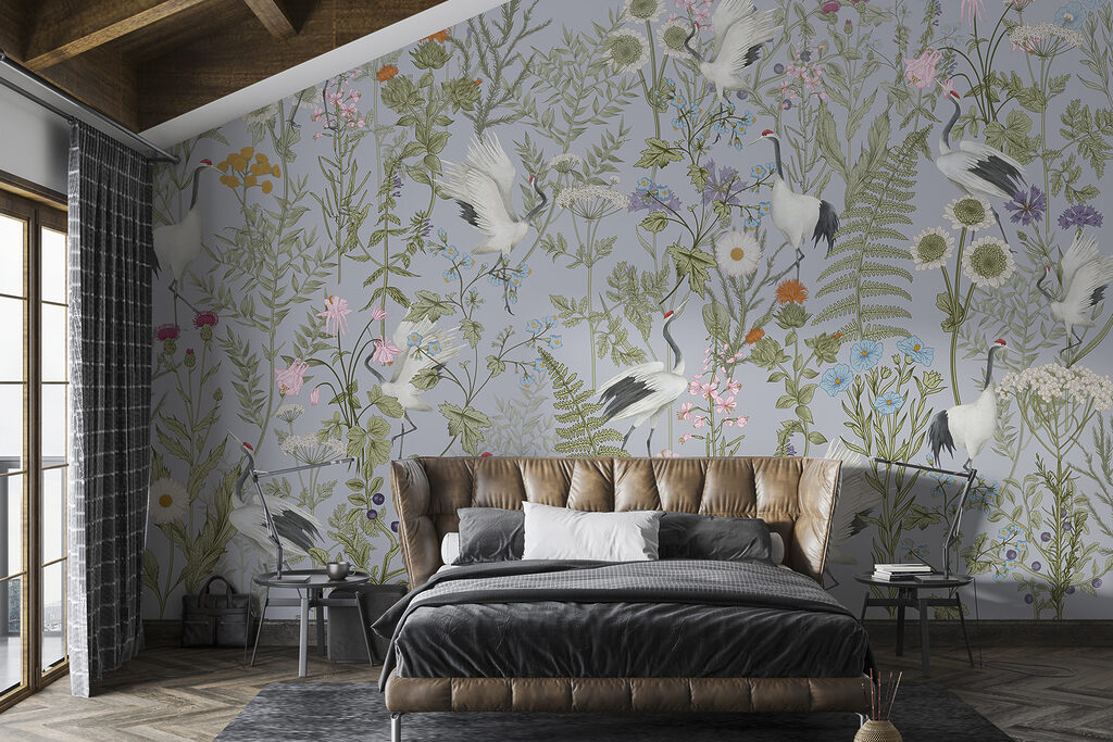 Aves brancas entre flores num interior