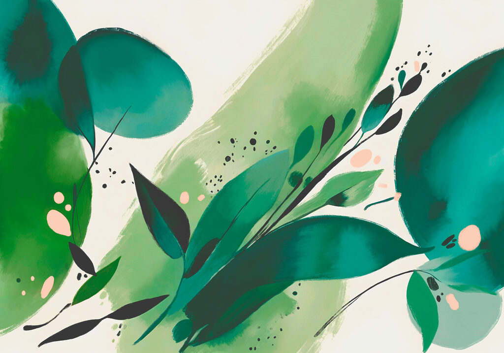 Pinceladas verdes com folhas — design completo