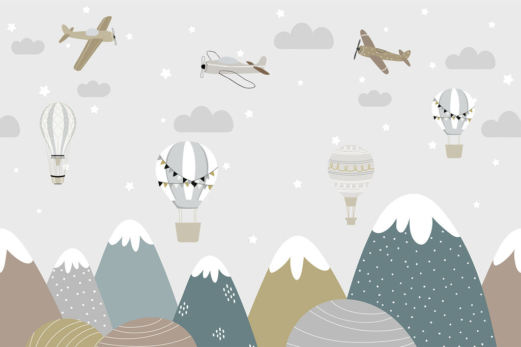 Balões entre picos nevados — design completo