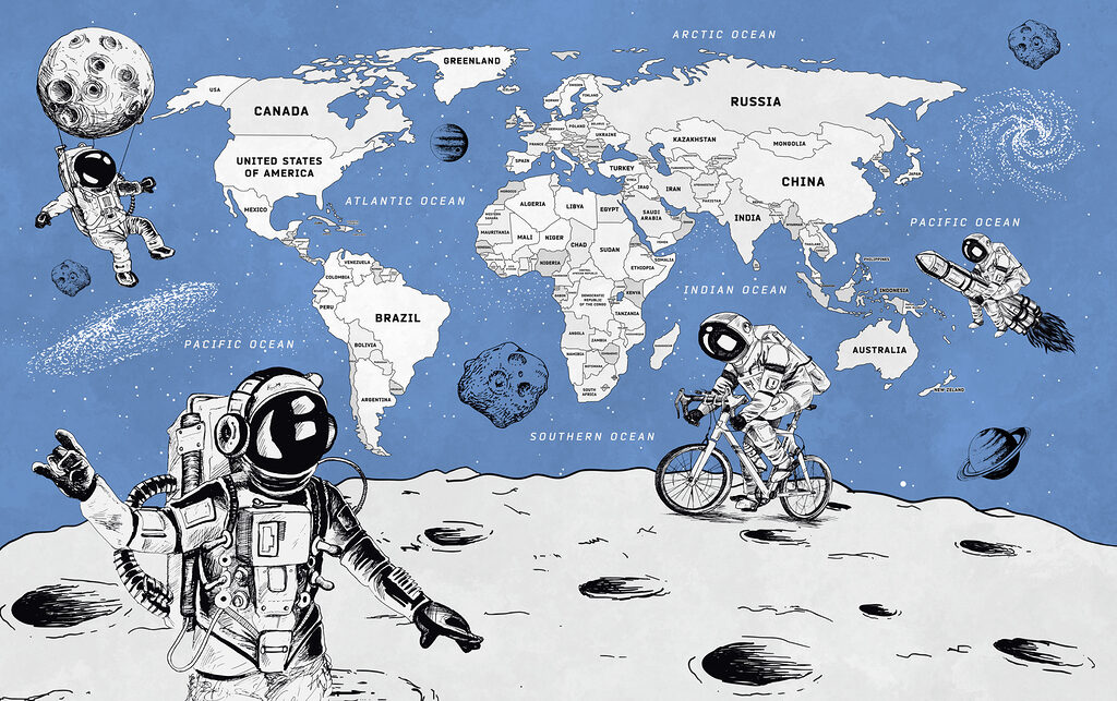 Astronautas e mapa-múndi — design completo