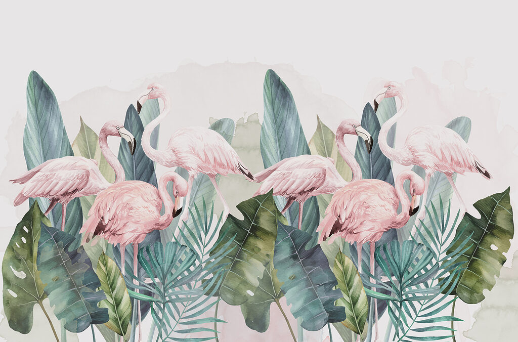 Flamingos entre folhagem — design completo