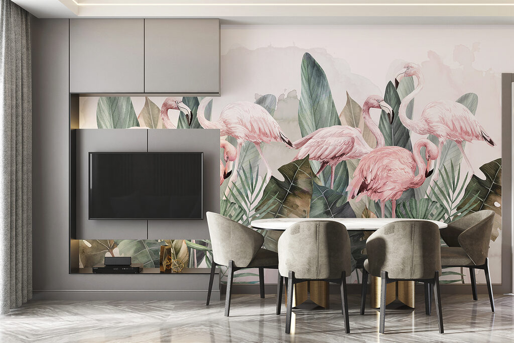 Flamingos entre folhagem num interior