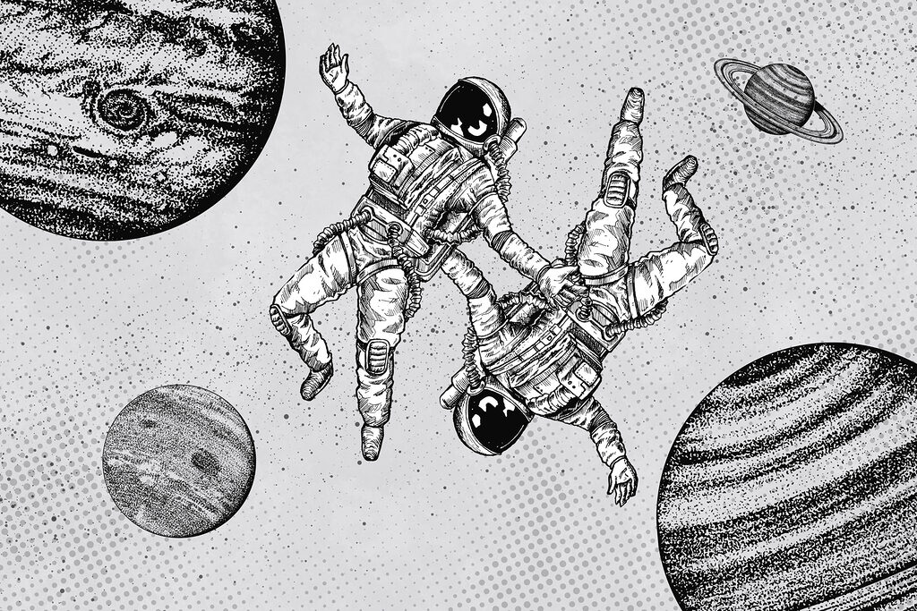 Dois astronautas entre planetas — design completo