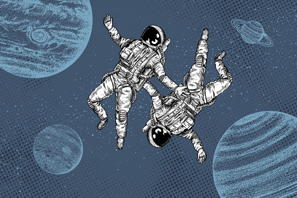 Dois astronautas entre planetas — design completo