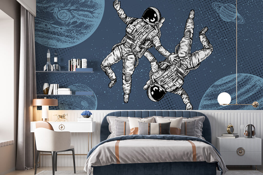 Dois astronautas entre planetas num interior