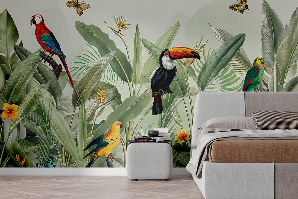 Tucano entre folhas verdes num interior