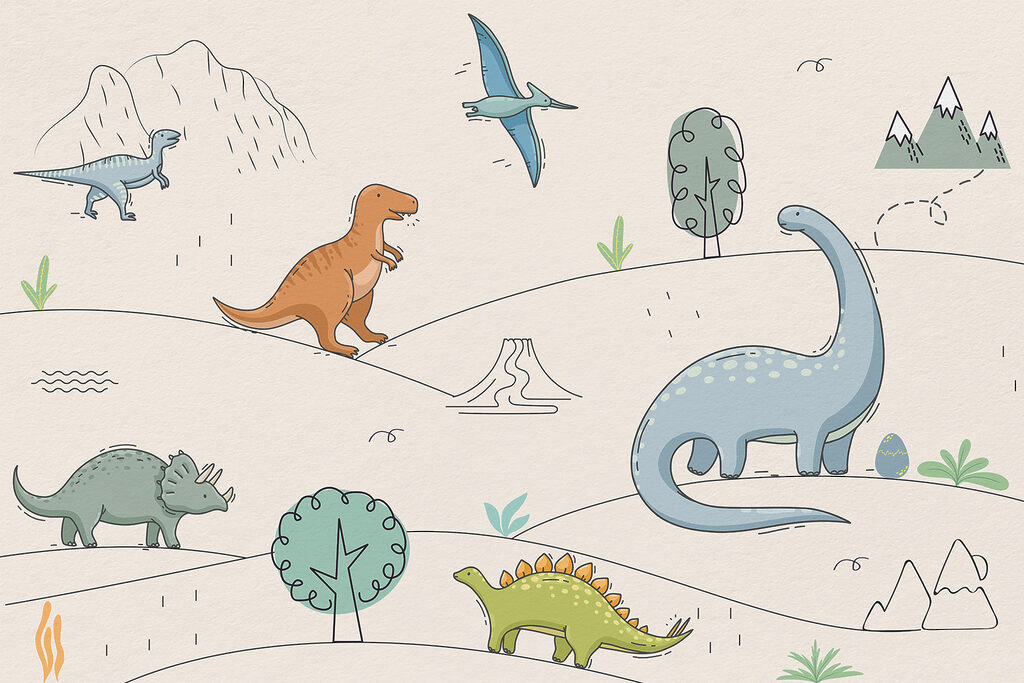 Dinossauros em contornos finos — design completo