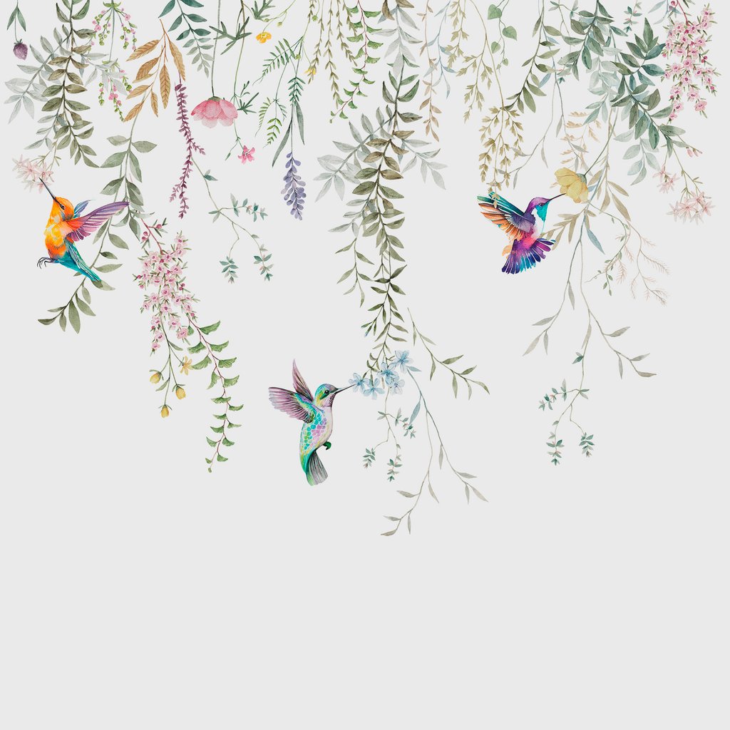 Colibris sob flores pendentes — design completo
