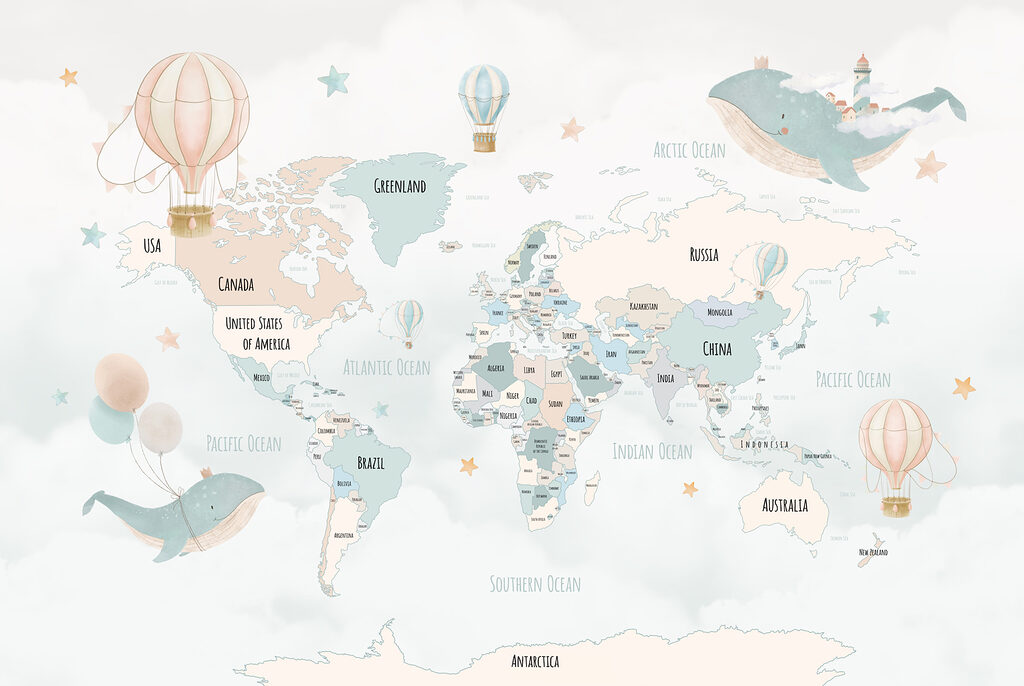 Mapa-mundo com baleias — design completo