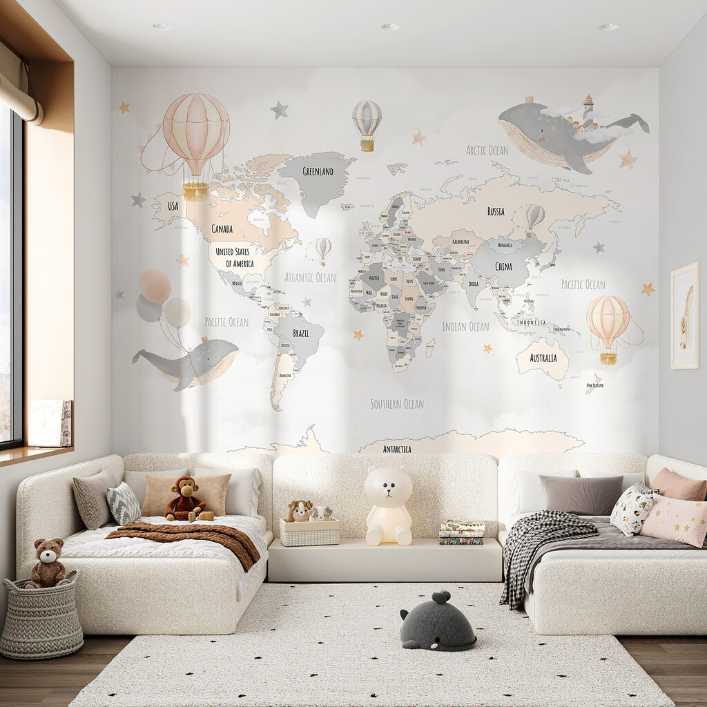 Mapa-mundo com baleias num interior