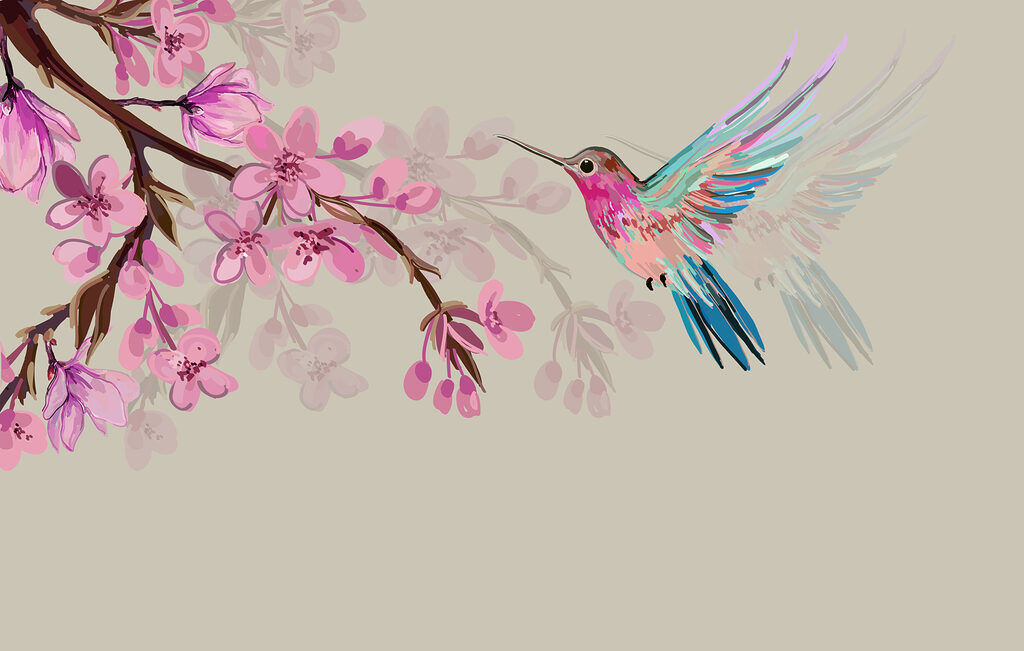 Colibri entre flores rosa — design completo