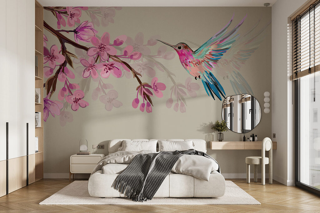 Colibri entre flores rosa num interior