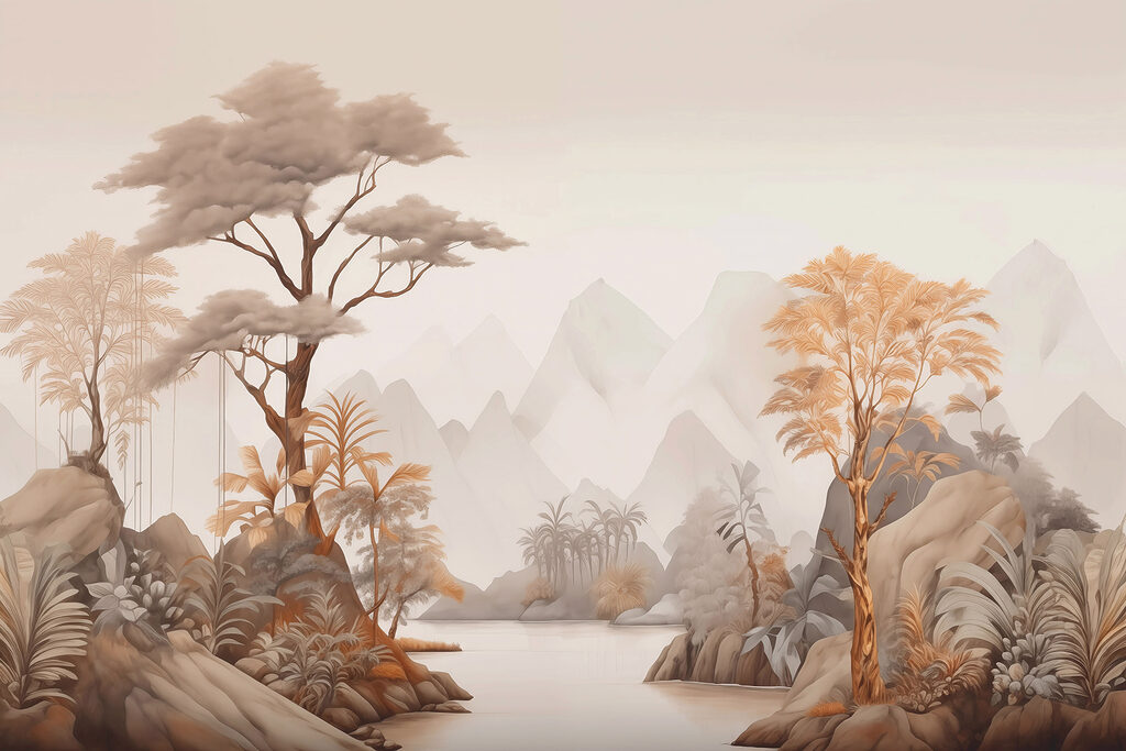 Rio entre árvores tropicais — design completo
