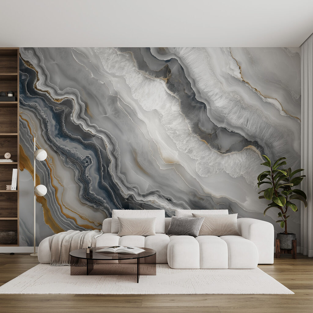 Ondas cinzentas e douradas num interior