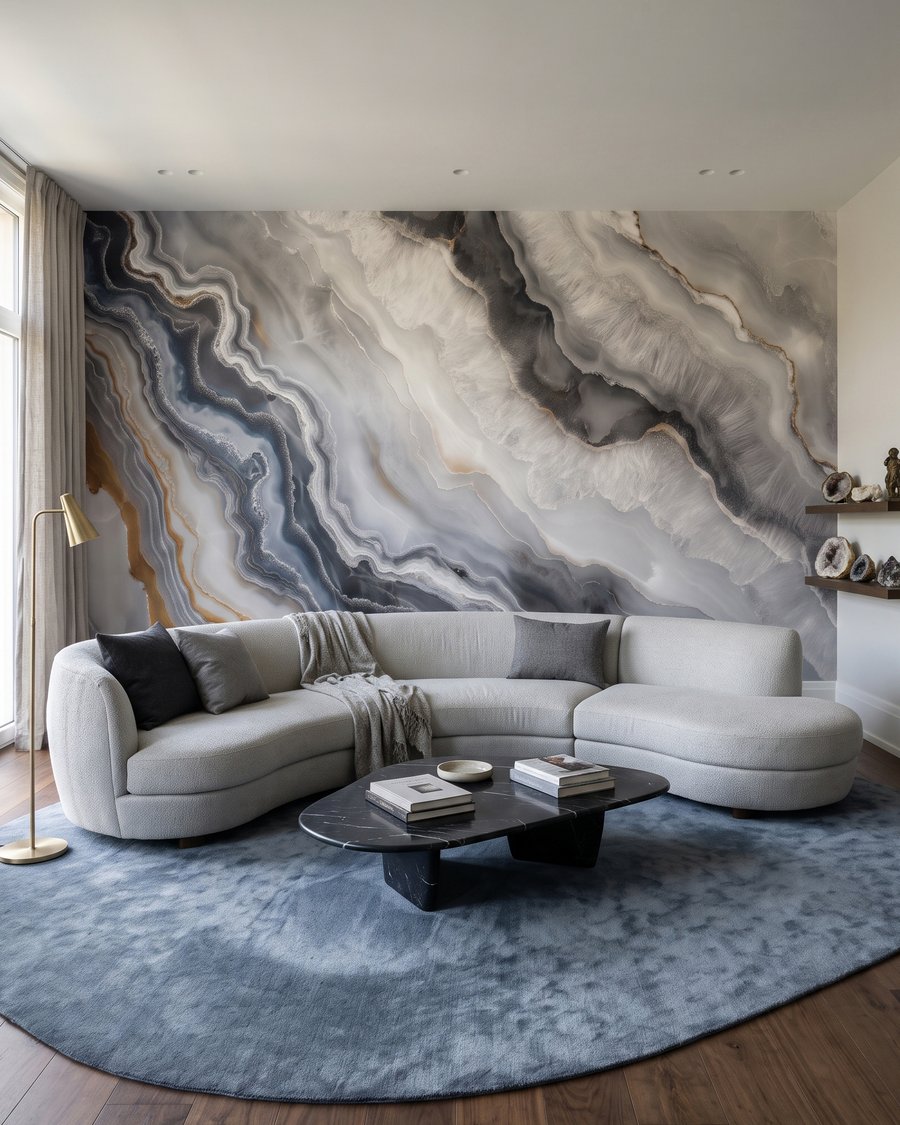 Ondas cinzentas e douradas num interior
