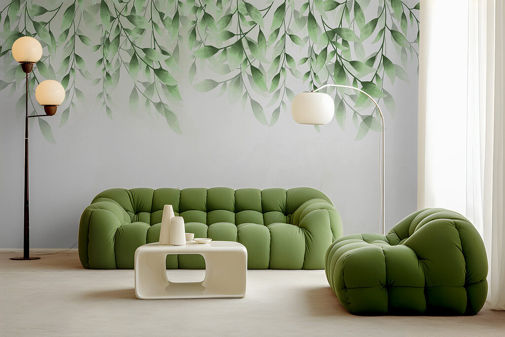 Folhas sobre névoa branca — interior 1