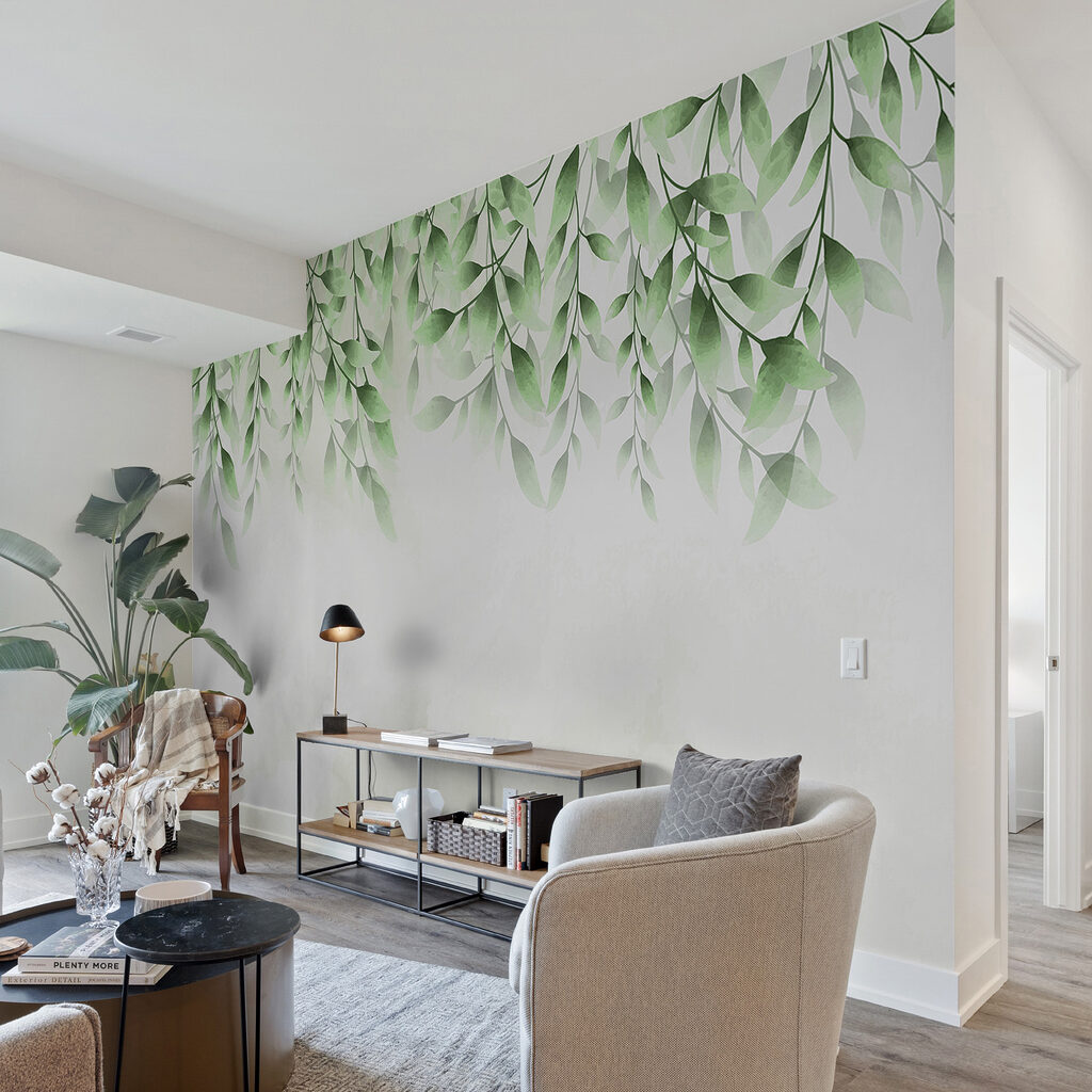 Folhas sobre névoa branca — interior 2
