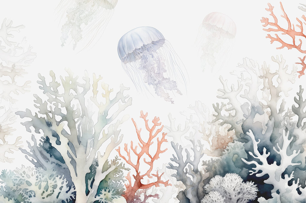 Medusa sobre coral claro — design completo