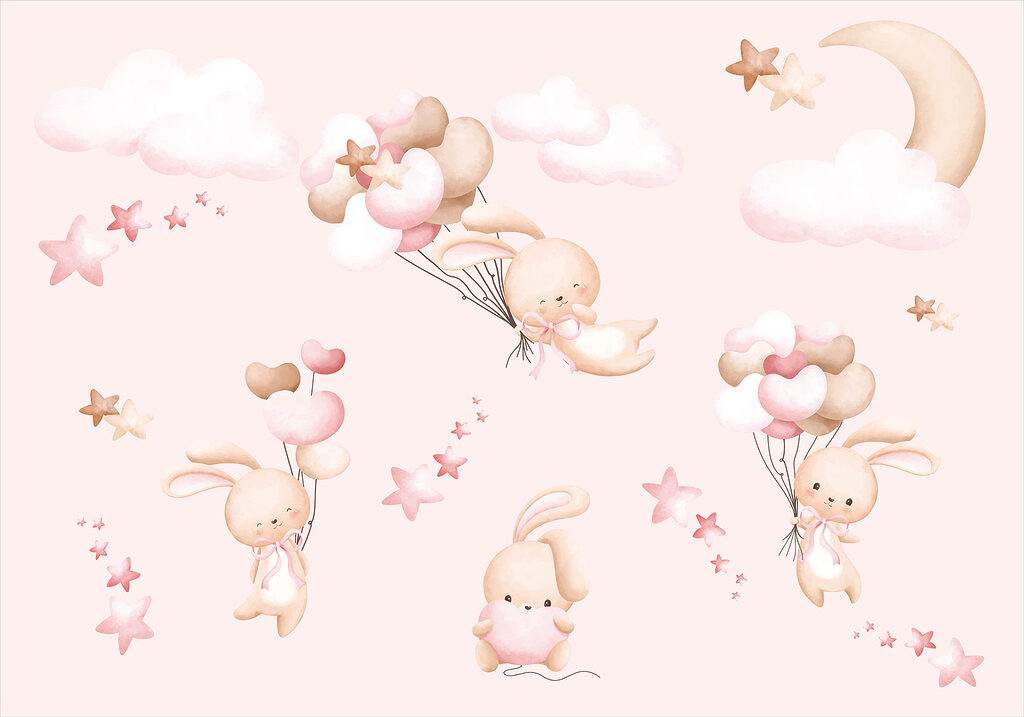 Coelhinhos com balões cor-de-rosa — design completo