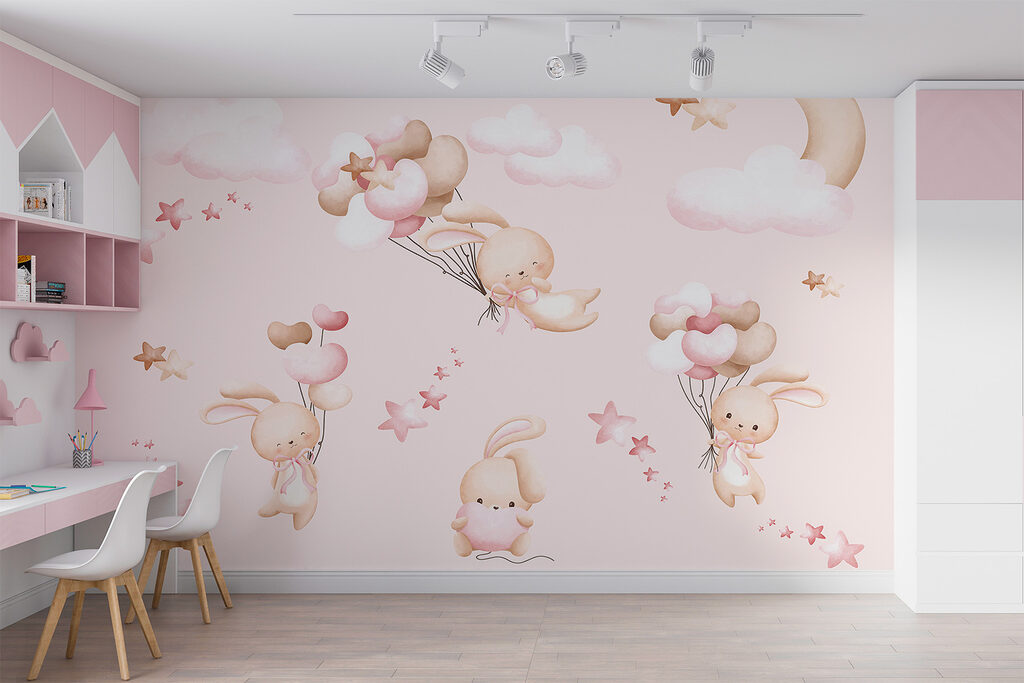 Coelhinhos com balões cor-de-rosa num interior