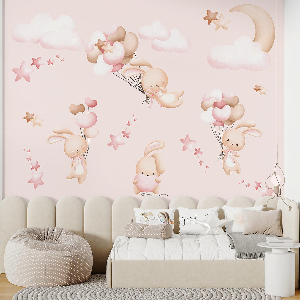 Coelhinhos com balões cor-de-rosa — interior 2