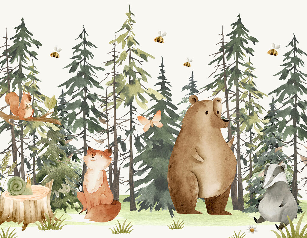 Um urso entre pinheiros — design completo