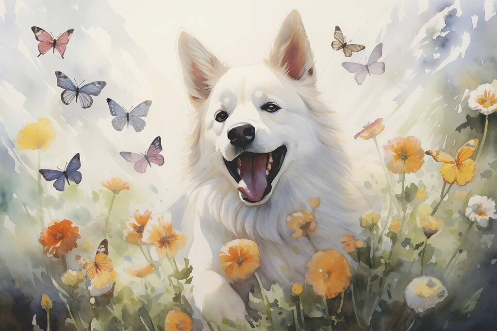 Cão branco entre borboletas — design completo