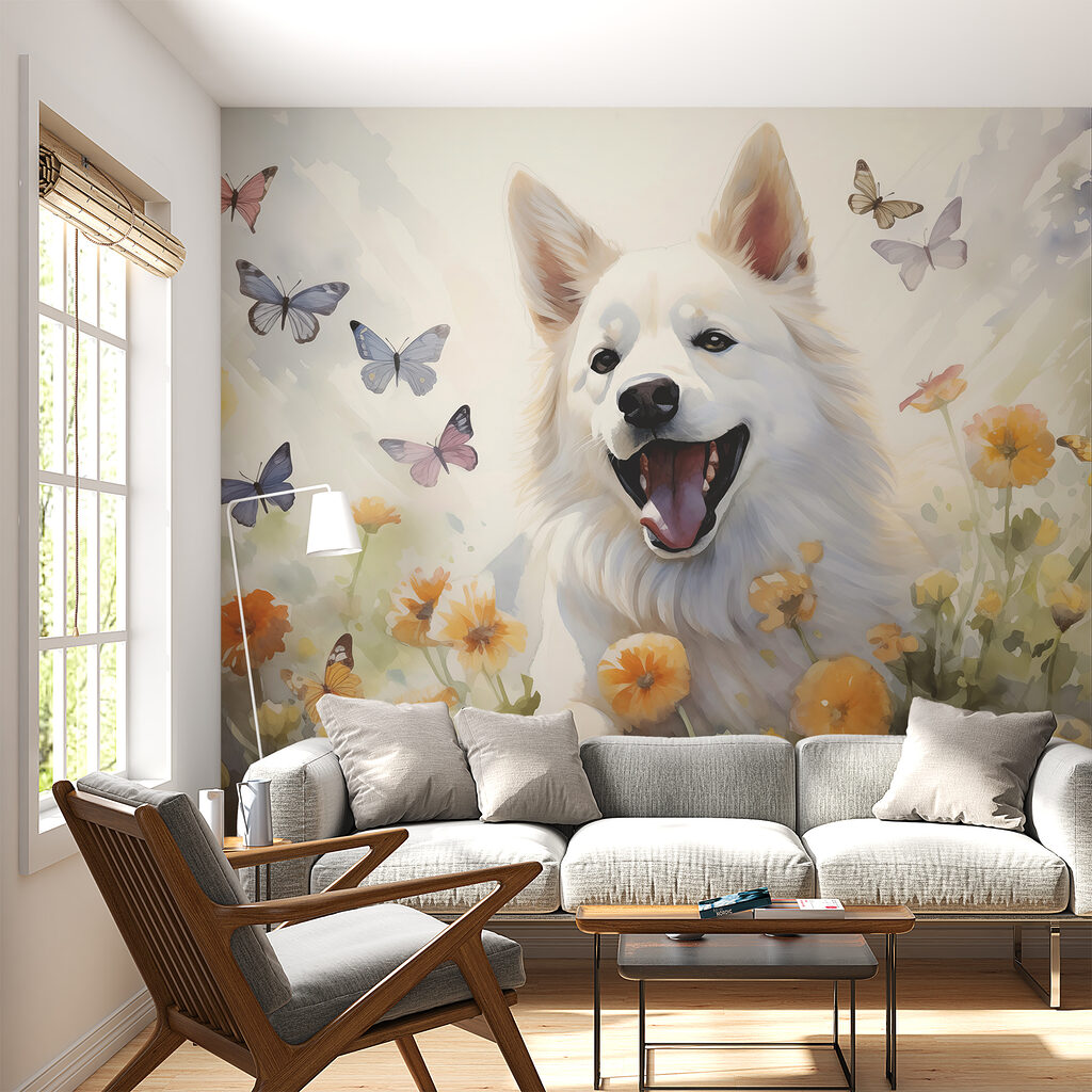 Cão branco entre borboletas — interior 1