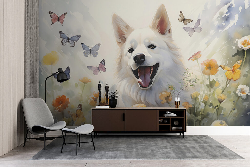 Cão branco entre borboletas — interior 2