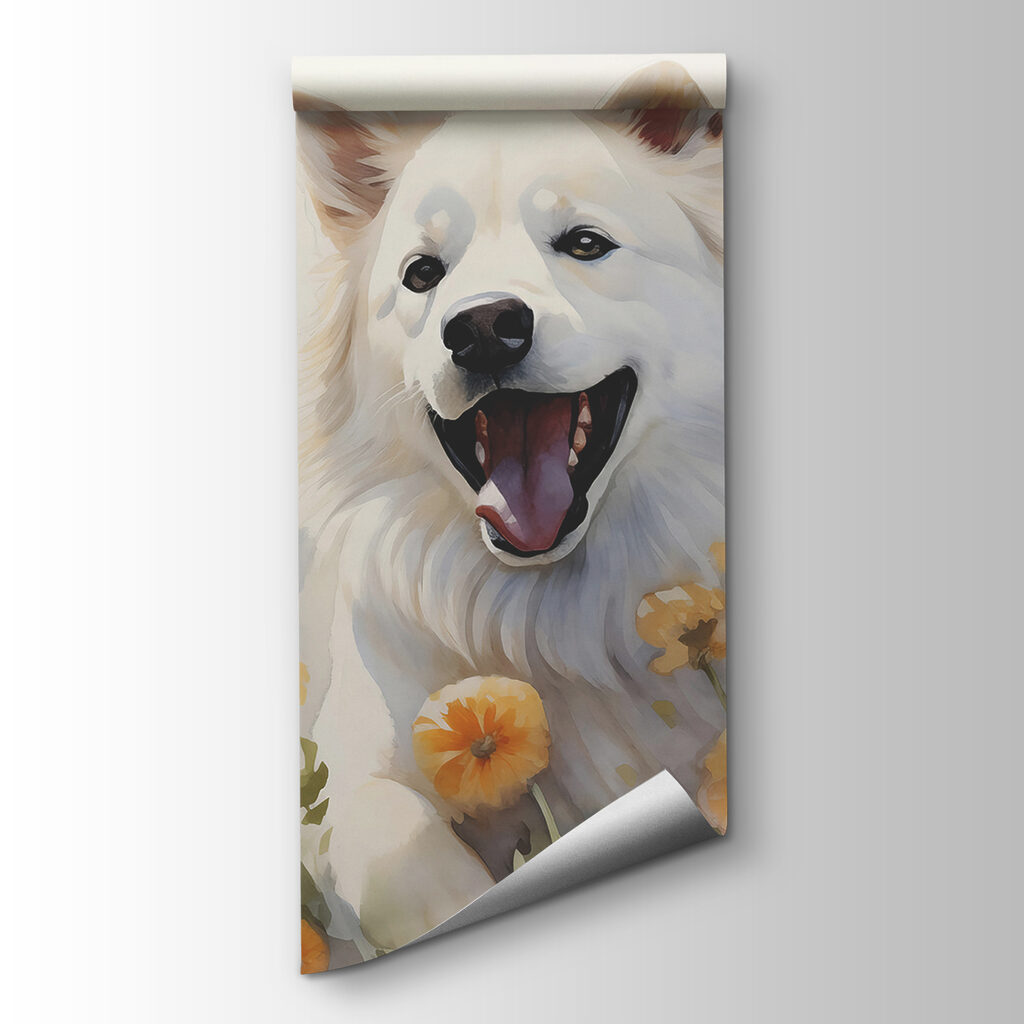 Cão branco entre borboletas — vista do produto