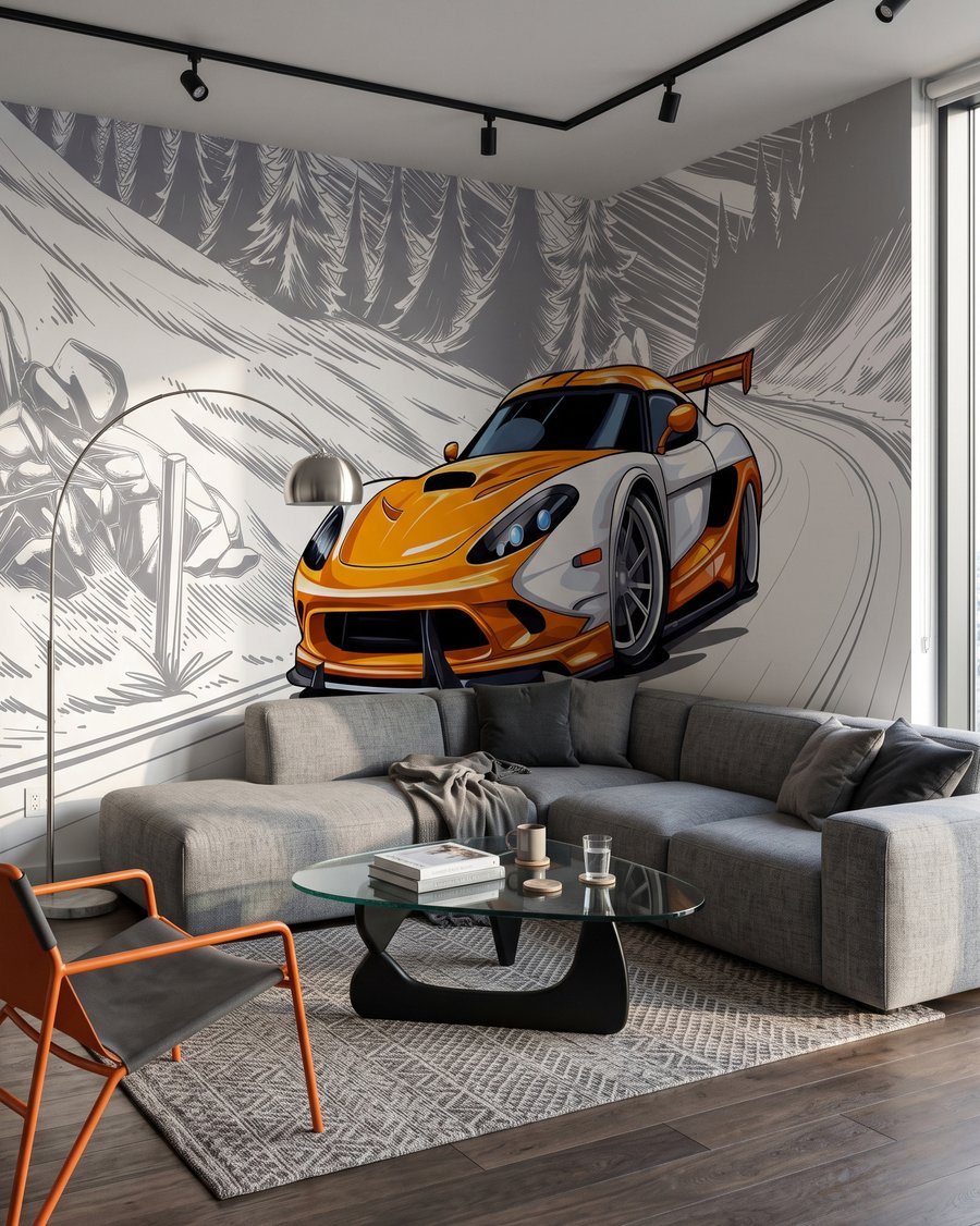 Desportivo laranja na curva — interior 3